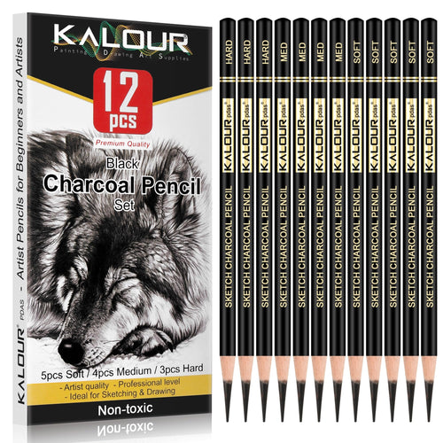 12-piece charcoal pencil drawing set with a wolf illustration on the box and pencils labeled hard, medium, and soft.