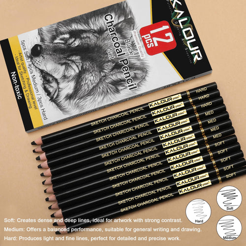 12-piece charcoal pencil drawing set with soft, medium, and hard leads, laid out with packaging showing a wolf sketch.