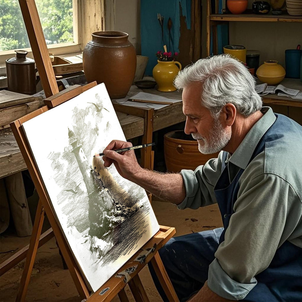 Artist sketching a lighthouse scene with charcoal pencils in a studio setting
