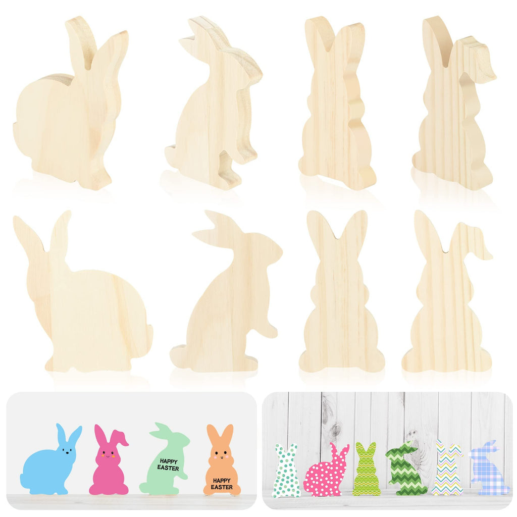 Set of unfinished wooden bunny cutouts and decorated Easter bunny signs