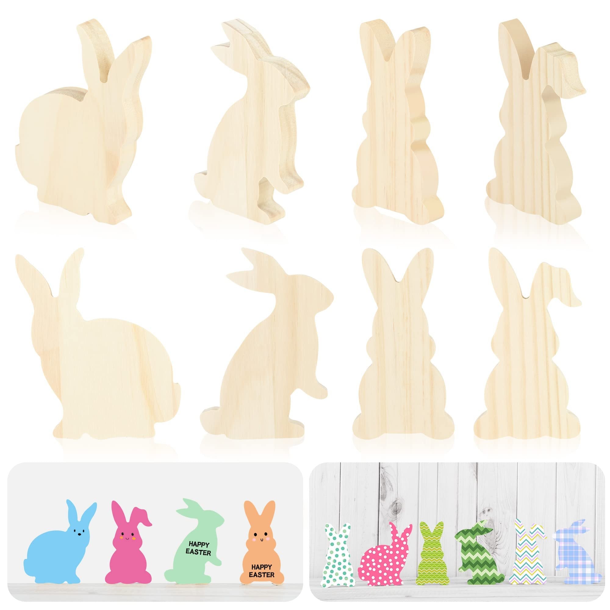 Set of unfinished wooden bunny cutouts and decorated Easter bunny signs