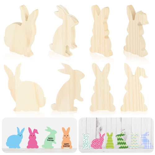 Set of unfinished wooden bunny cutouts and decorated Easter bunny signs