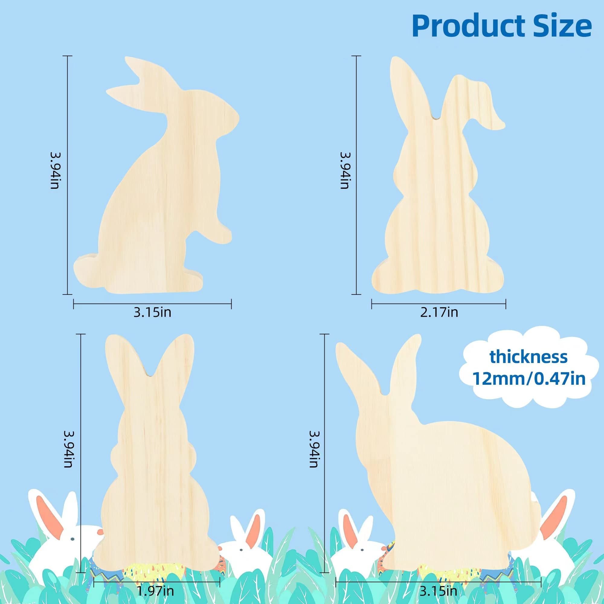 Four unfinished wooden bunny cutouts shown with dimensions and thickness for DIY painting and spring decor.