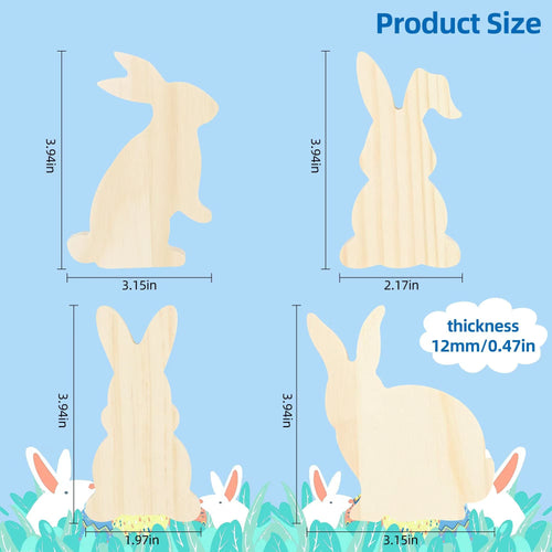 Four unfinished wooden bunny cutouts shown with dimensions and thickness for DIY painting and spring decor.