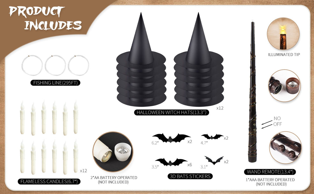 Halloween decor kit contents: flameless candles, witch hats, fishing line, 3D bat stickers, and wand remote.