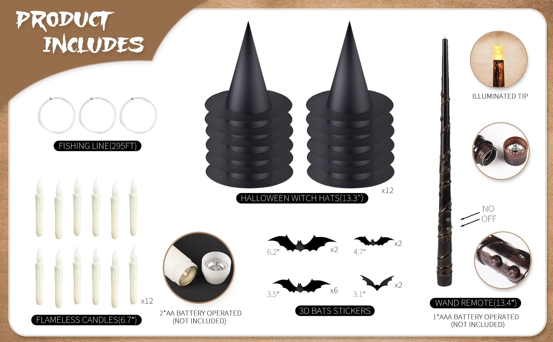 Halloween decor kit contents: flameless candles, witch hats, fishing line, 3D bat stickers, and wand remote.