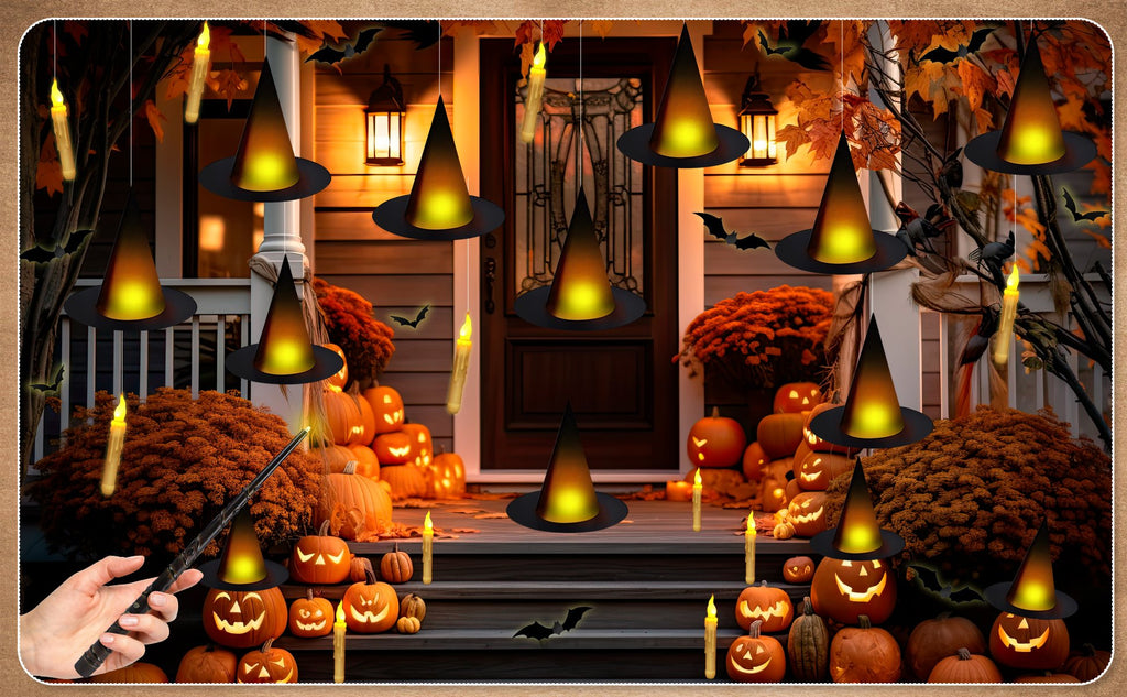 Halloween porch decor with hanging witch hats, flameless candles, pumpkins, and bats