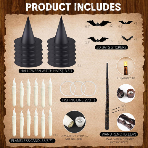 Halloween decor kit contents: witch hats, flameless candles, 3D bat stickers, fishing line, and wand remote.