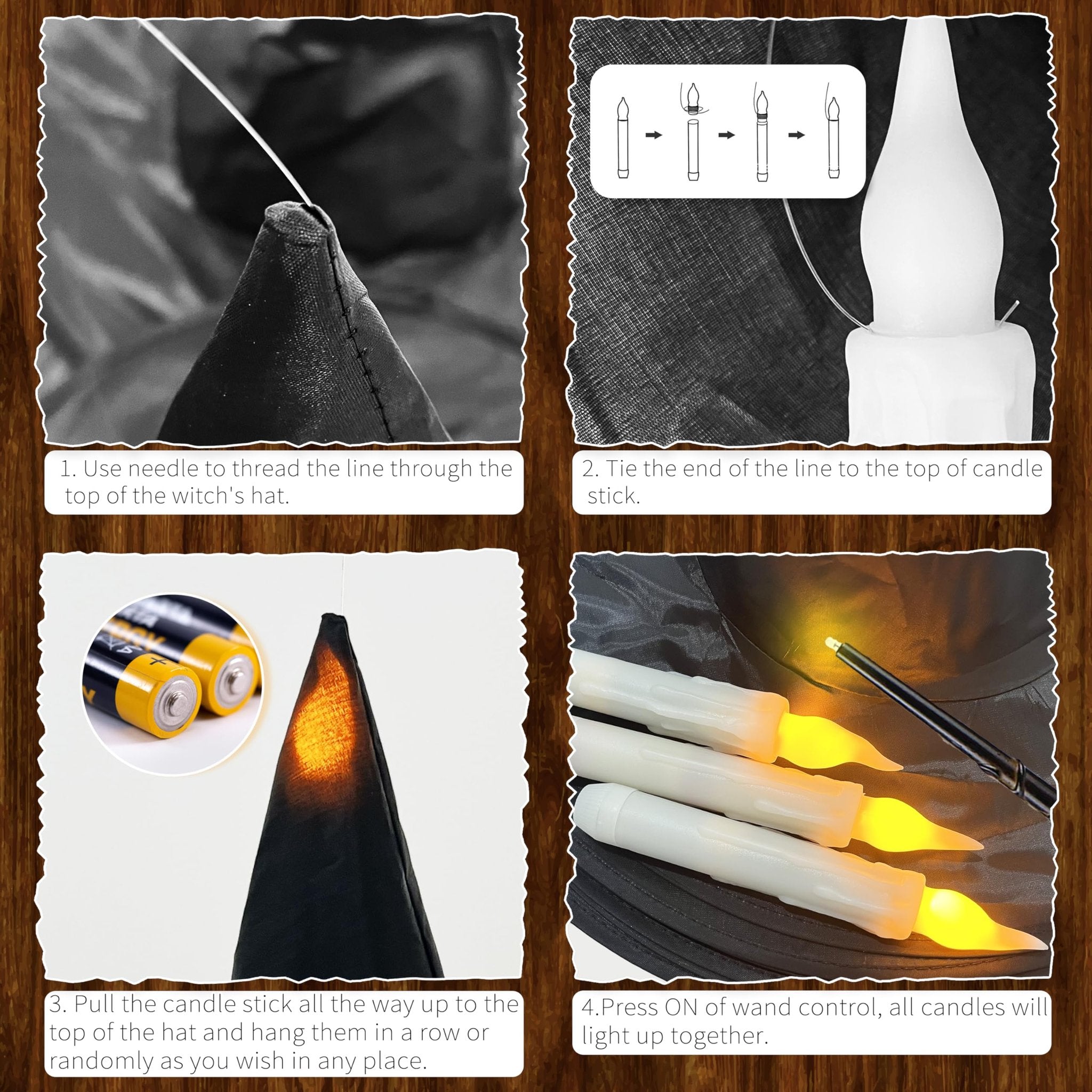 Collage showing four steps to assemble floating flameless candles for Halloween decor.