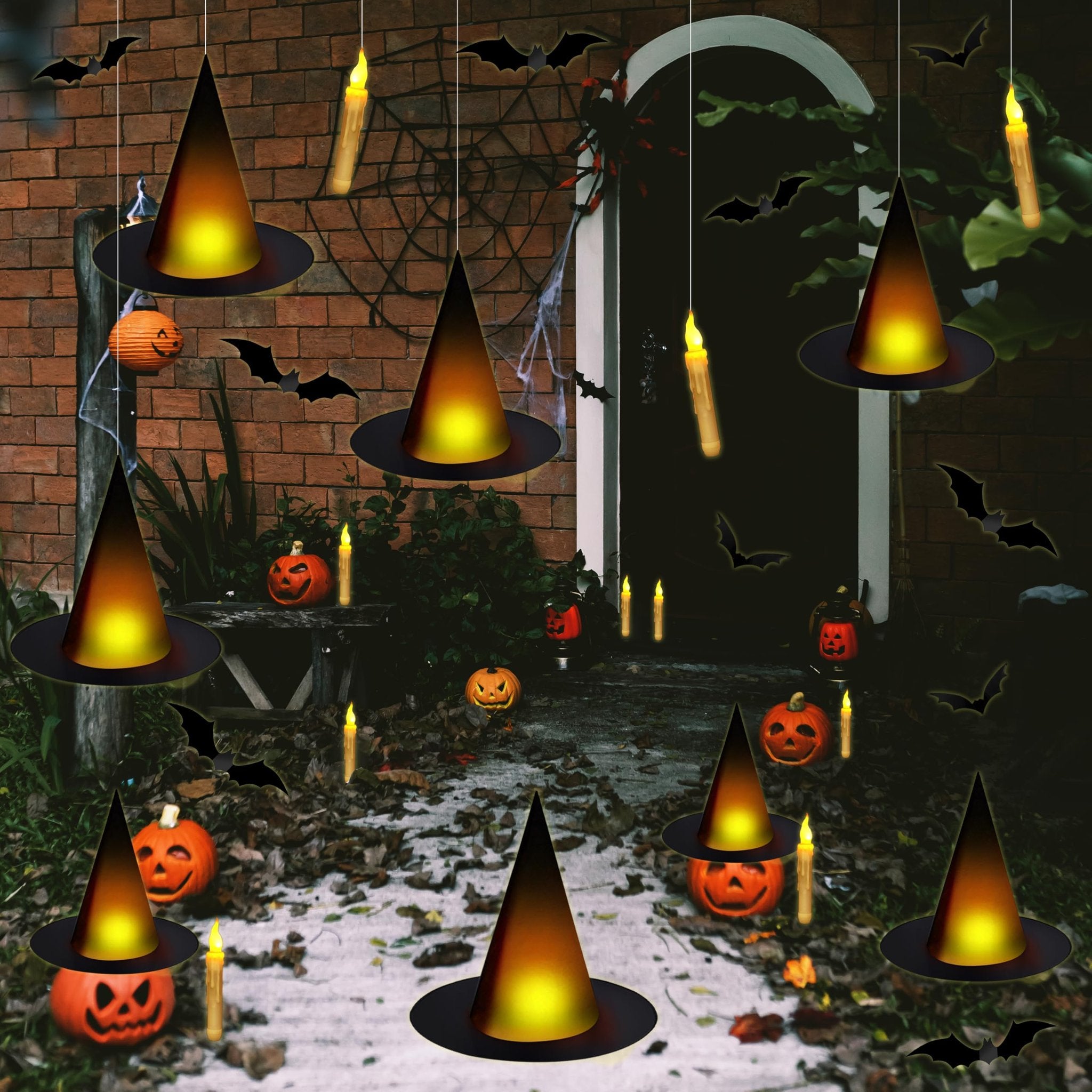 Halloween outdoor decor scene with floating witch hats, jack-o'-lanterns, bats, and flameless candles