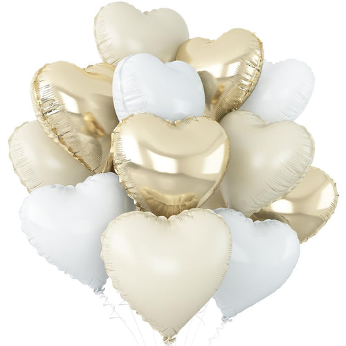 Cluster of 18-inch heart-shaped foil balloons in cream white, white, and light gold colors.