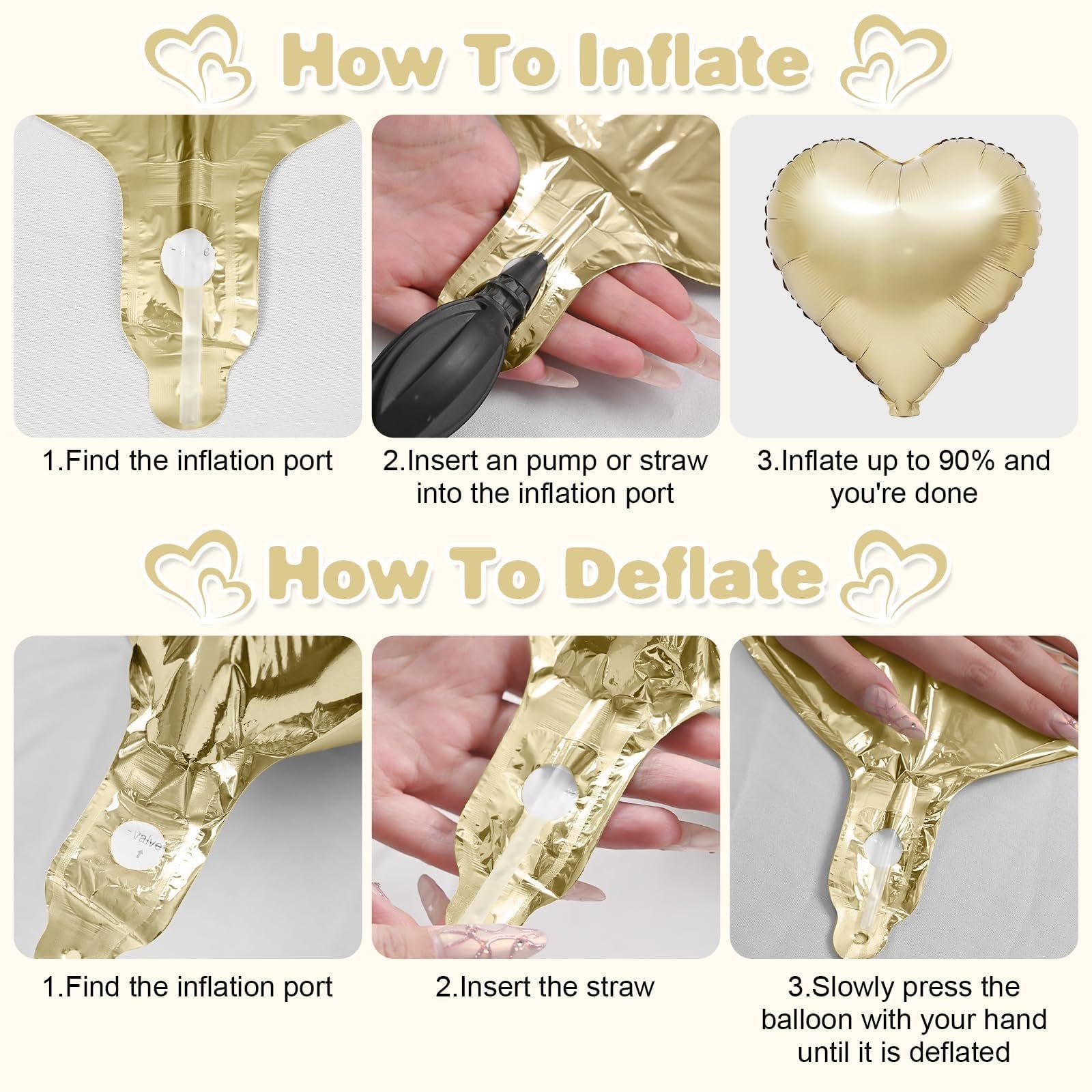 Instructions for inflating and deflating gold heart-shaped foil balloons, showing steps with hands and pump.