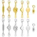 Set of 12 magnetic necklace clasps in gold and silver finishes, featuring cylinder, heart, rose, and round designs.