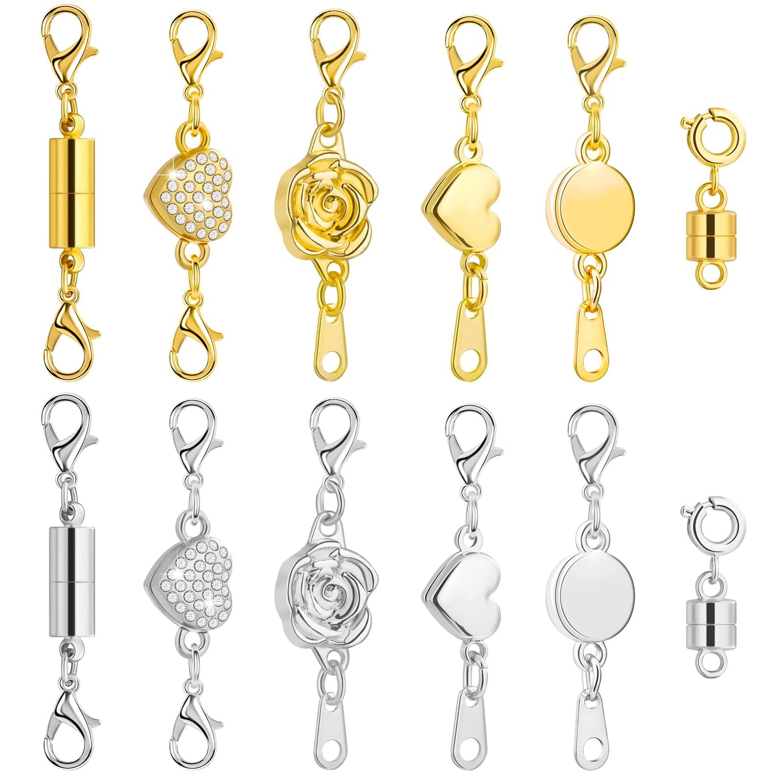 Set of 12 magnetic necklace clasps in gold and silver finishes, featuring cylinder, heart, rose, and round designs.