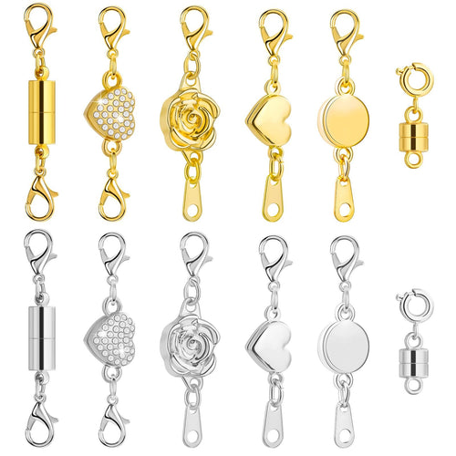 Set of 12 magnetic necklace clasps in gold and silver finishes, featuring cylinder, heart, rose, and round designs.
