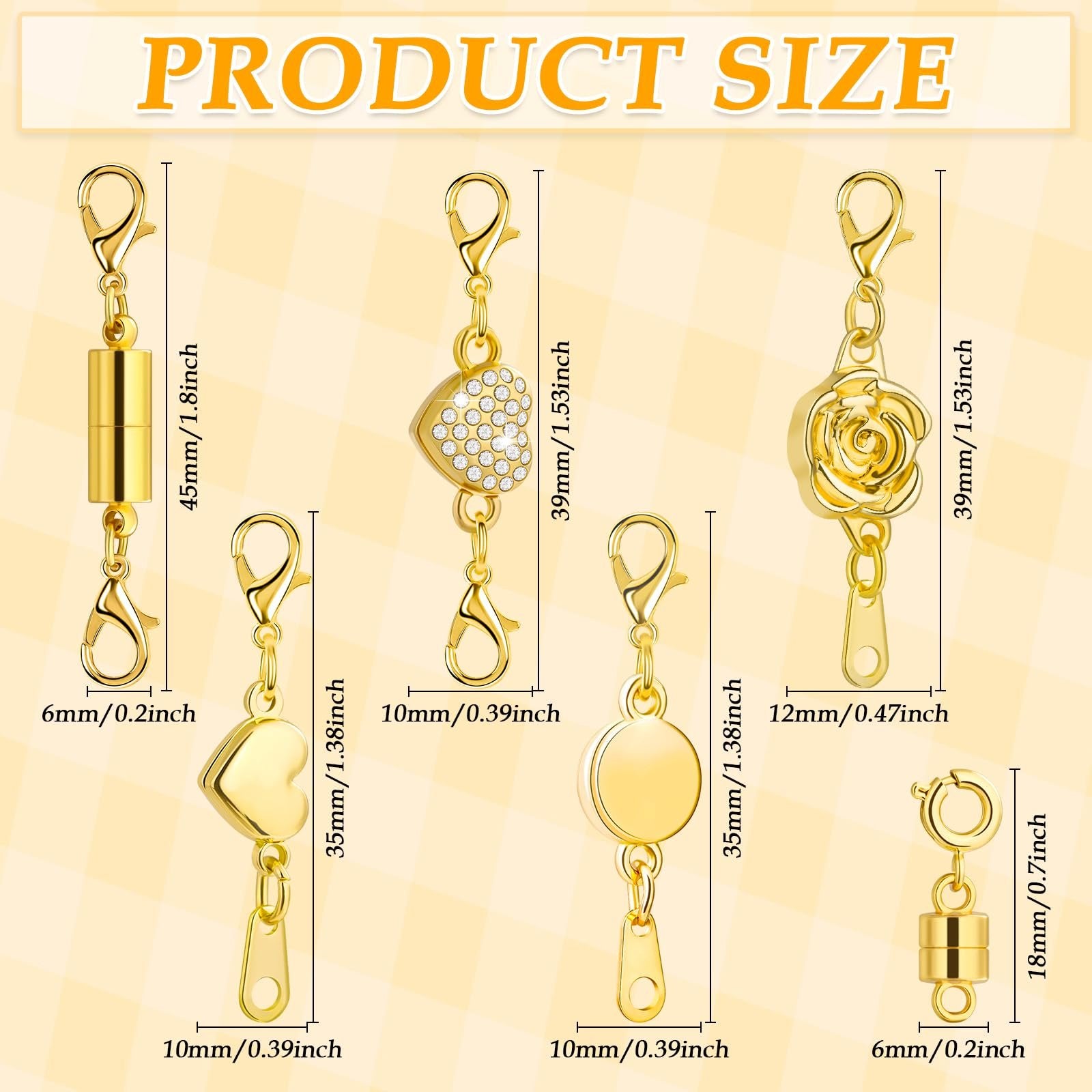 Set of magnetic necklace clasps in various styles and sizes, with dimensions indicated.