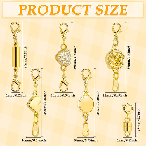 Set of magnetic necklace clasps in various styles and sizes, with dimensions indicated.