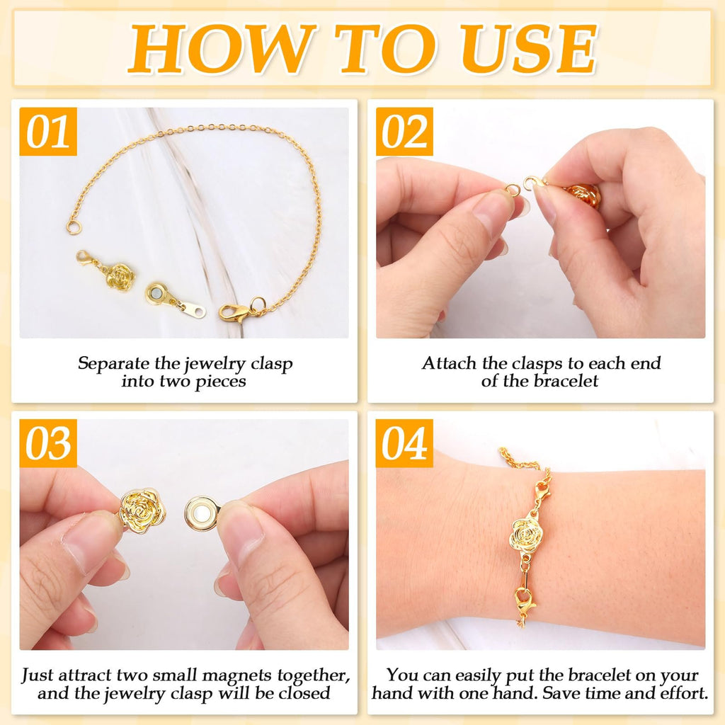 Four-panel infographic showing how to use magnetic necklace clasps, demonstrating separation, attachment, magnetic closure, and wearing a bracelet.