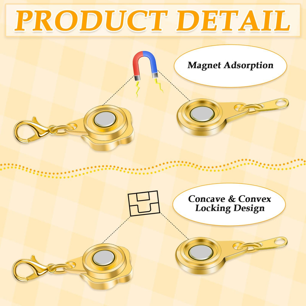 Two gold magnetic necklace clasps shown with diagrams illustrating magnet adsorption and concave & convex locking design.