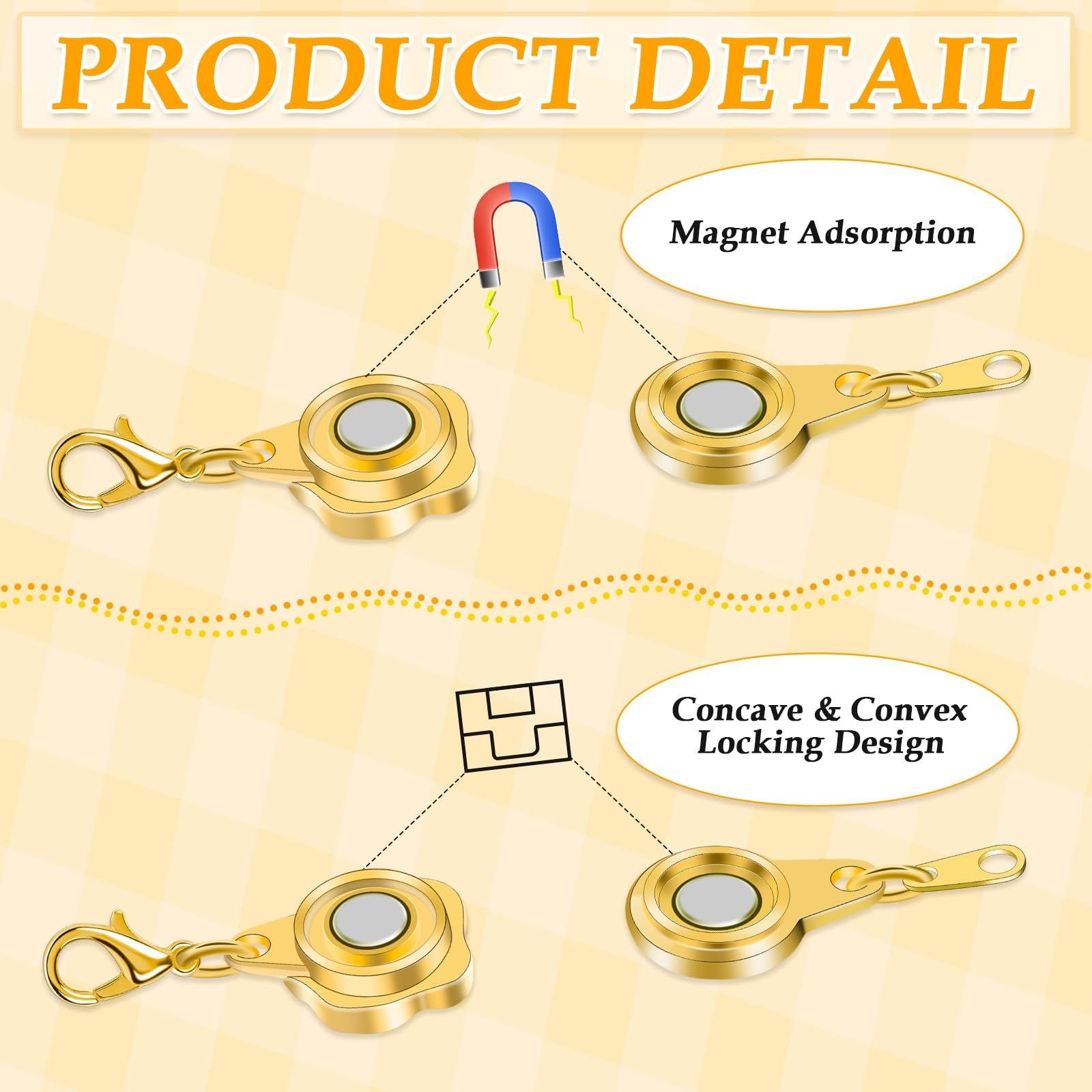 Two gold magnetic necklace clasps shown with diagrams illustrating magnet adsorption and concave & convex locking design.