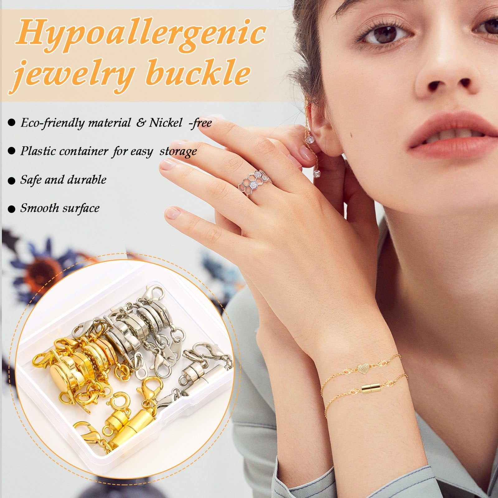 Assortment of gold and silver magnetic necklace clasps in a clear container, with a woman modeling jewelry.