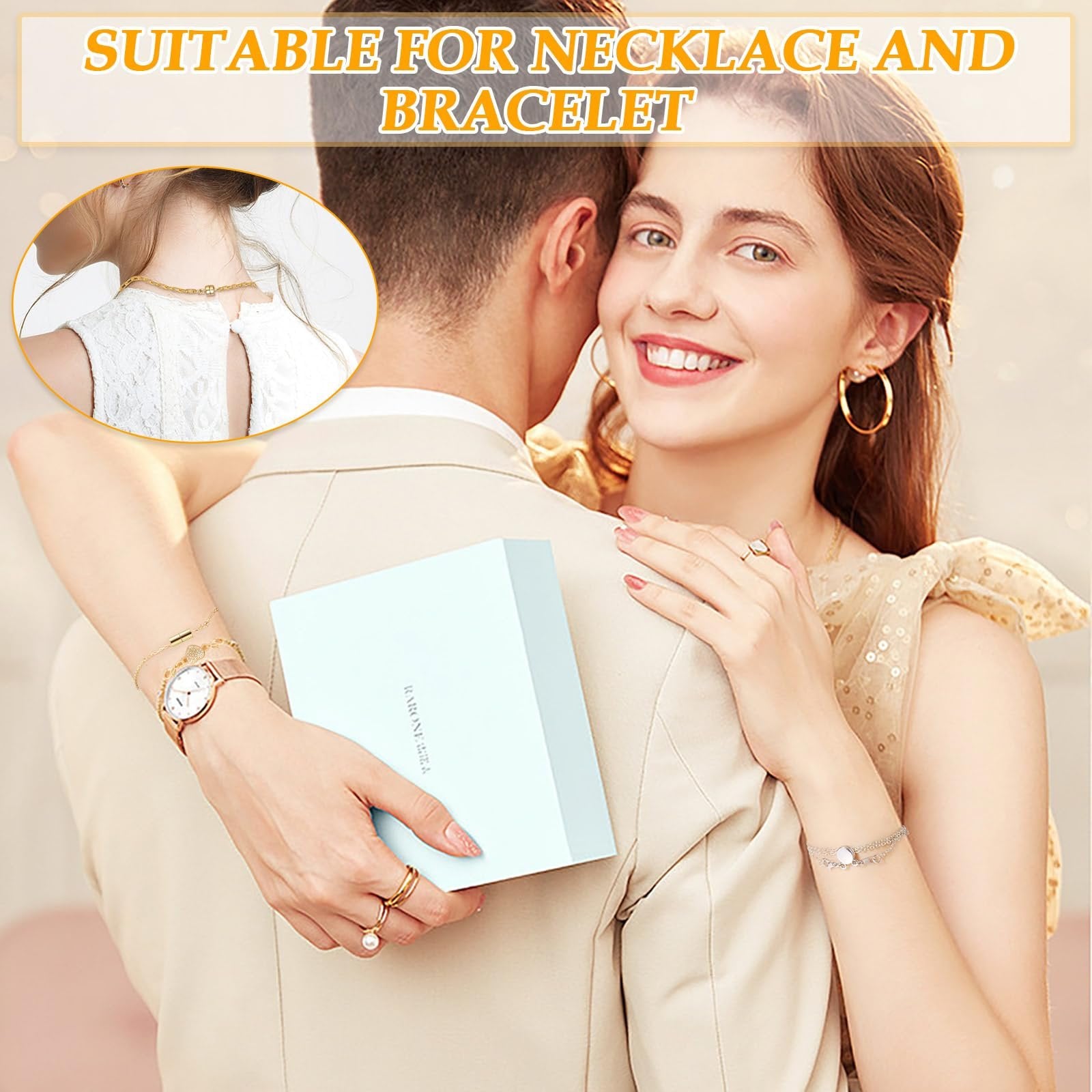 Couple embracing, woman wearing magnetic necklace clasp and bracelet, holding gift box