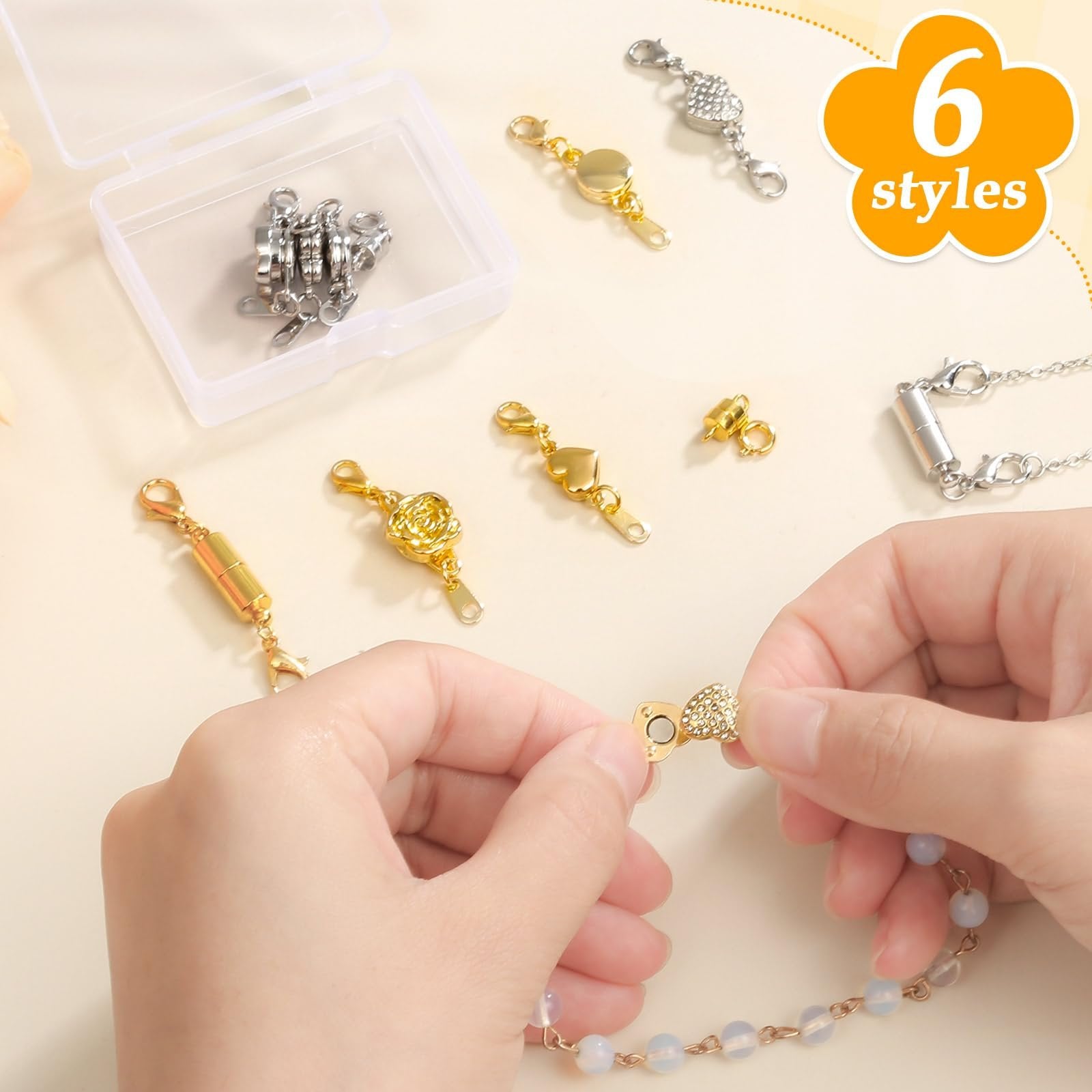 Hands connecting a gold magnetic necklace clasp with rhinestone accents to a beaded bracelet.
