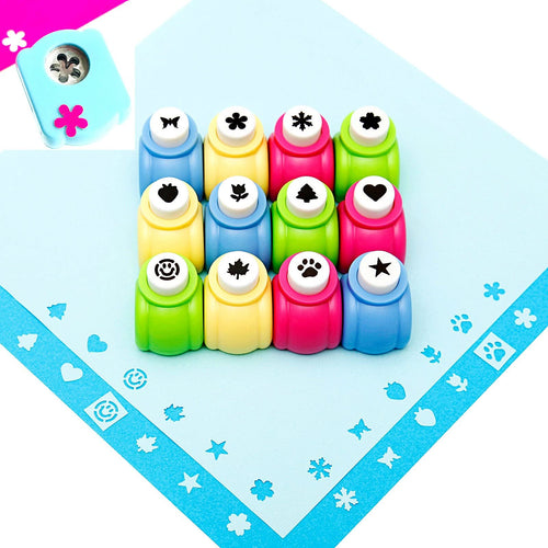 Set of 12 mini craft hole punches with assorted shapes on a light blue paper background