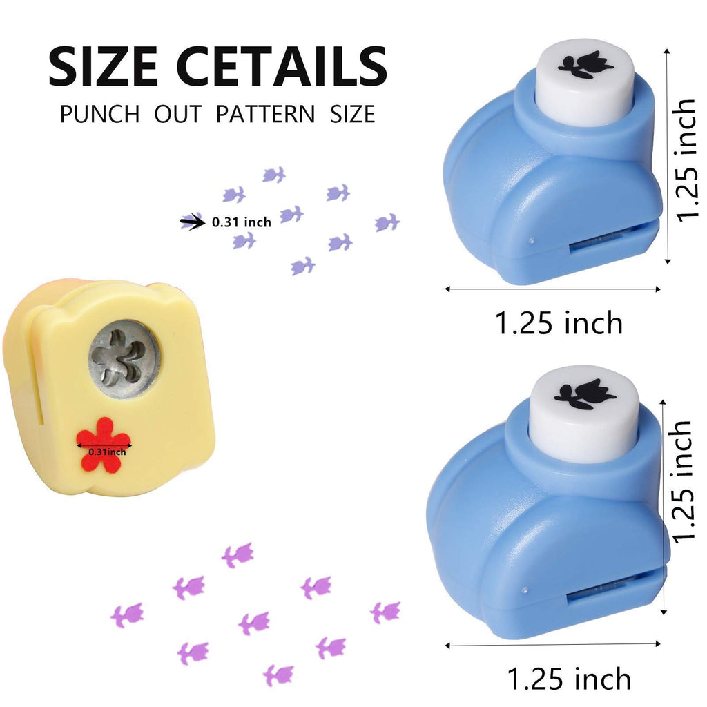 Mini craft hole punchers shown with punched out shapes and size dimensions. One yellow puncher with a flower shape and two blue punchers with a flower shape are visible.