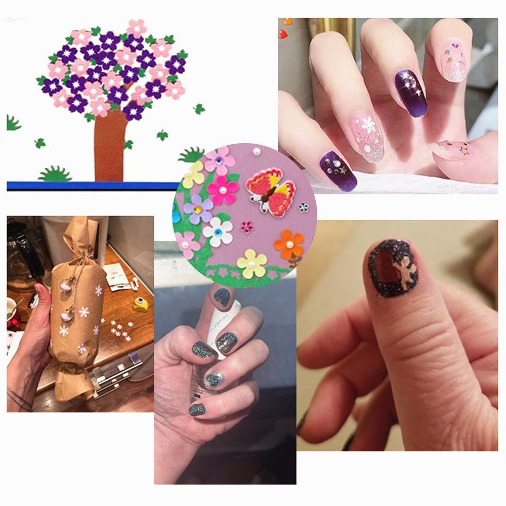 Collage of craft projects including a paper tree, decorated nails, and a wrapped gift.