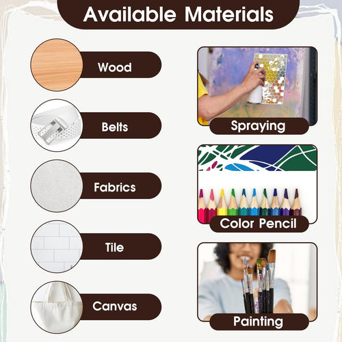 Collage showing materials and art supplies for painting and crafting projects.