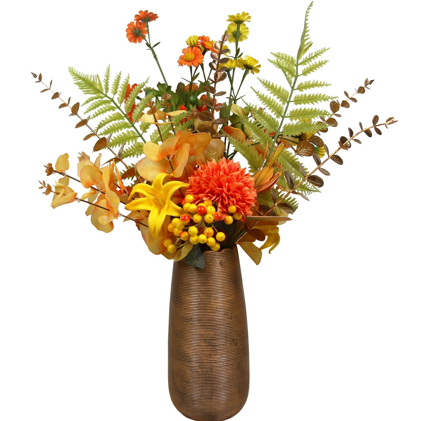 Artificial fall floral arrangement with orange chrysanthemums, yellow lilies, and ferns in a bronze vase.