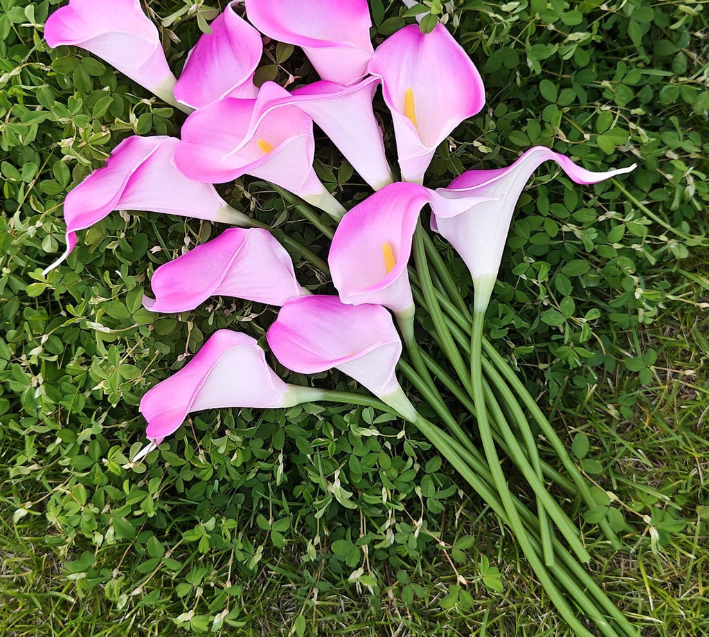 Bouquet of pink and white calla lilies lying on green grass