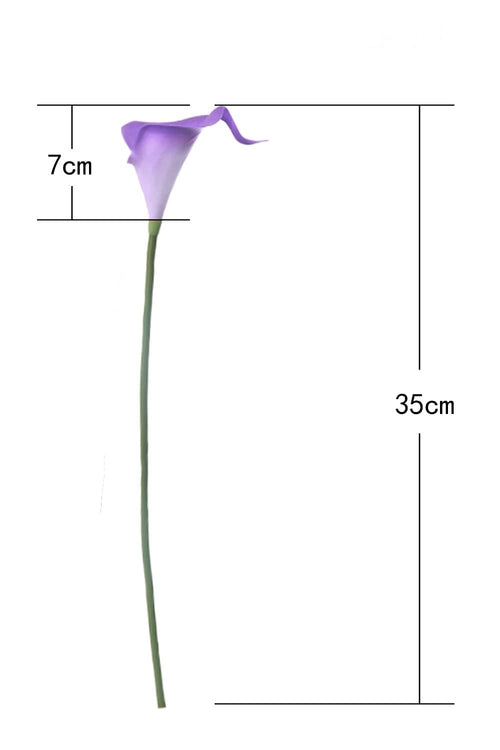 Single purple calla lily artificial flower with stem, showing 7cm width and 35cm height measurements.
