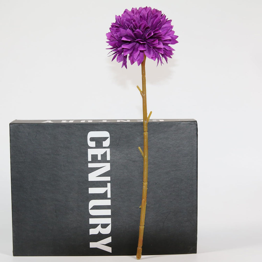 Single purple artificial chrysanthemum flower on a stem, placed in front of a black box with white text.