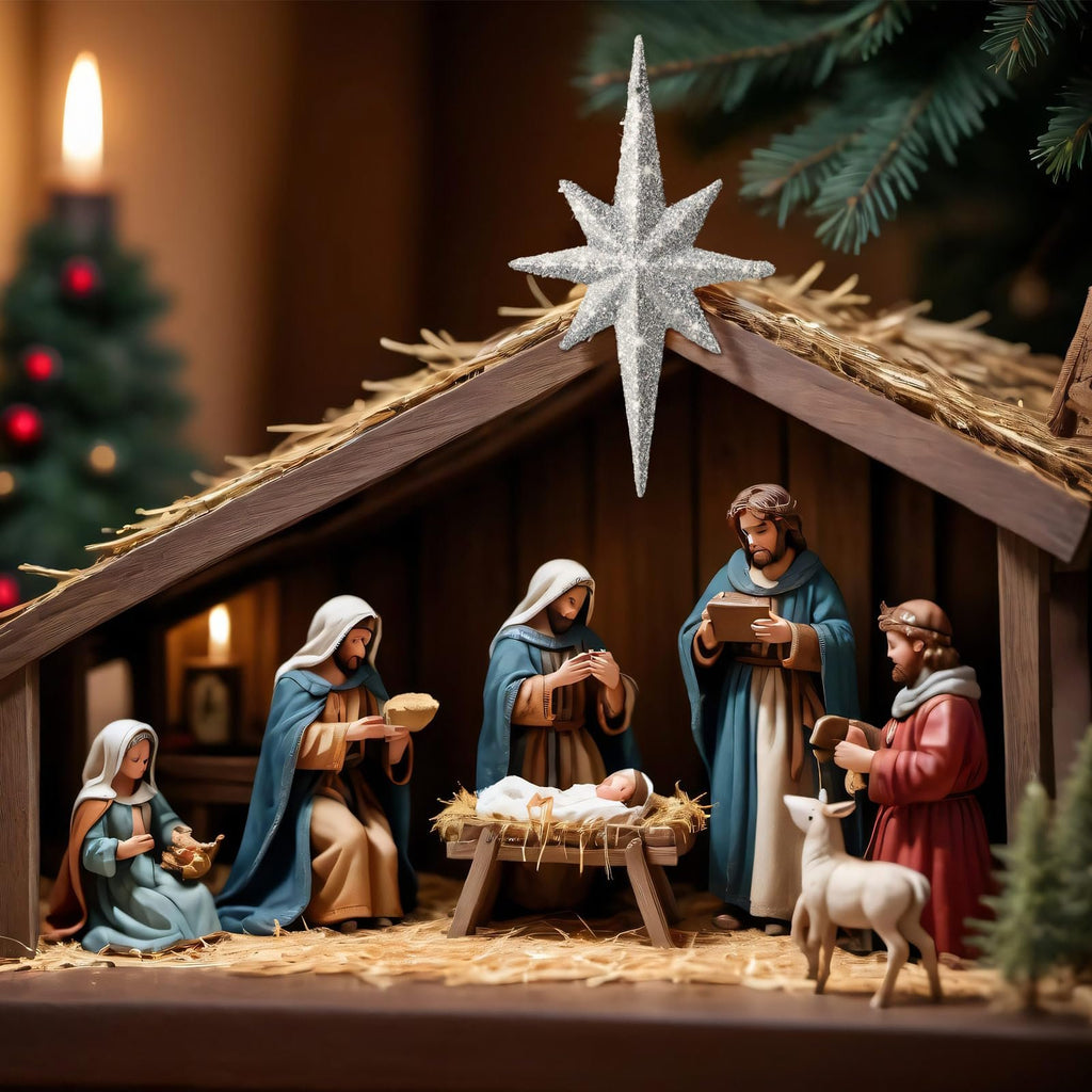 Nativity scene with figures of Mary, Joseph, baby Jesus, and sheep inside a stable, with a Bethlehem star ornament on top.