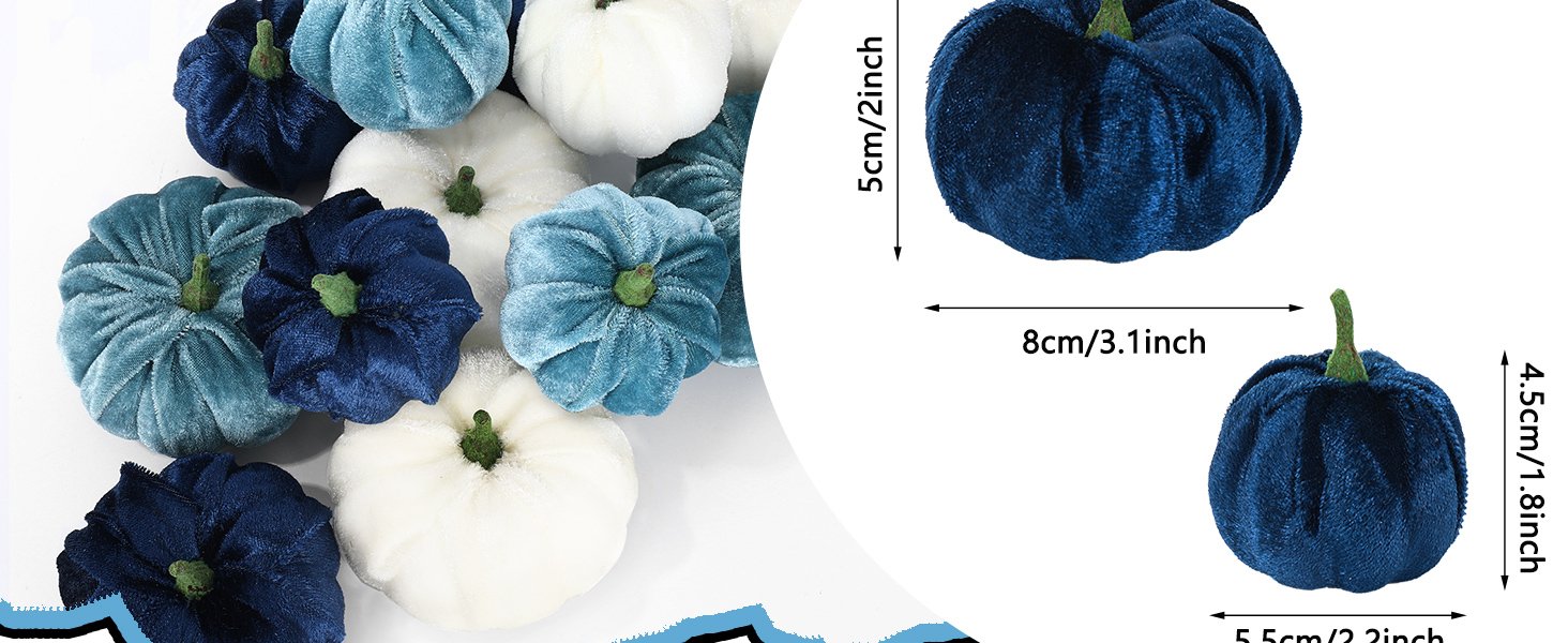 Velvet artificial pumpkins in blue and white, shown in a group and with size dimensions.