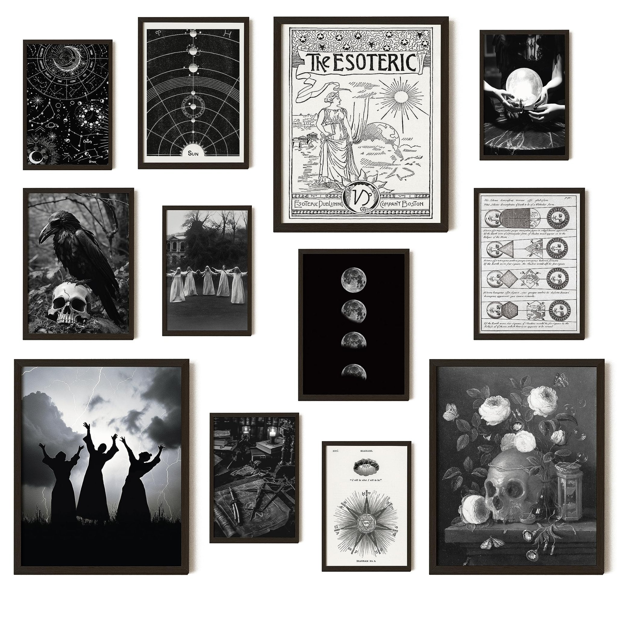 Collage of 12 vintage gothic-themed framed art prints featuring celestial charts, skulls, witches, moons, and botanical still lifes.