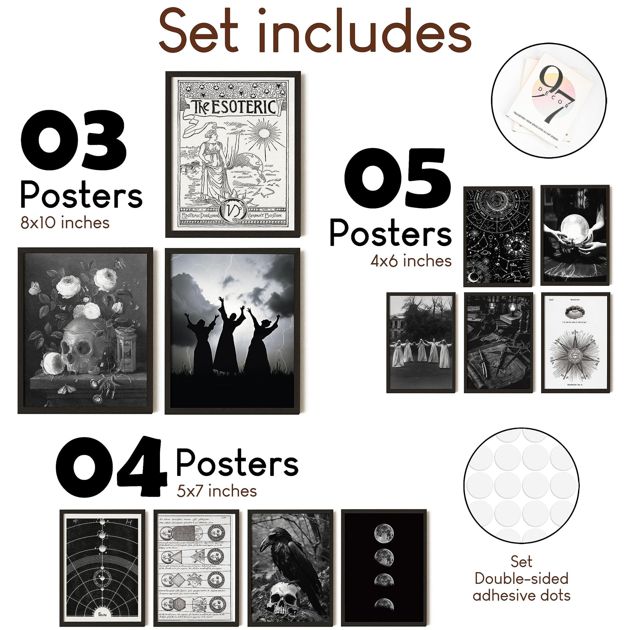 Collage of vintage gothic wall art prints and accessories, showing different sizes and designs including skulls, celestial charts, and witches.