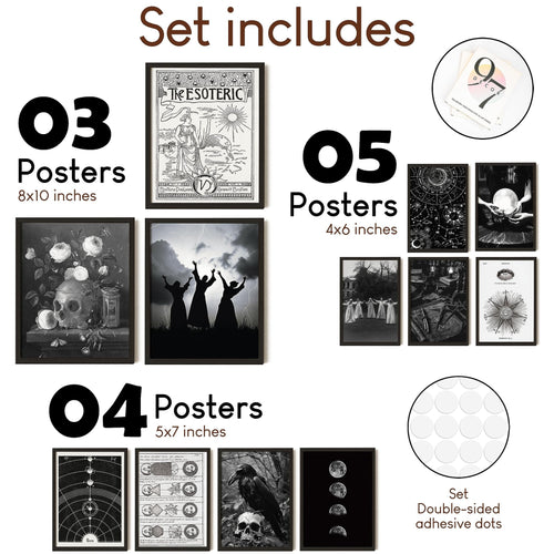 Collage of vintage gothic wall art prints and accessories, showing different sizes and designs including skulls, celestial charts, and witches.