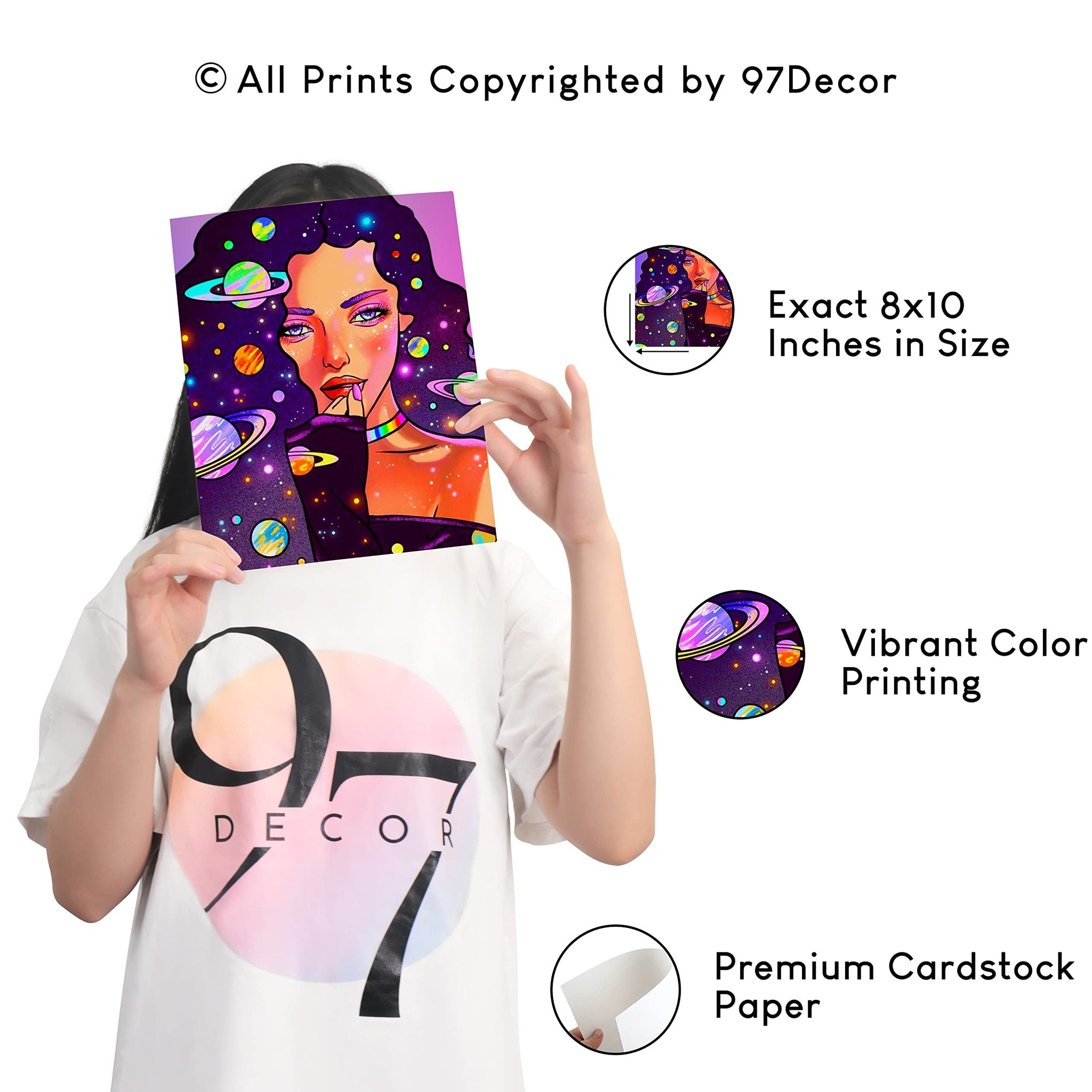 Person holding a colorful art print featuring a woman in space, with text overlays describing print details.