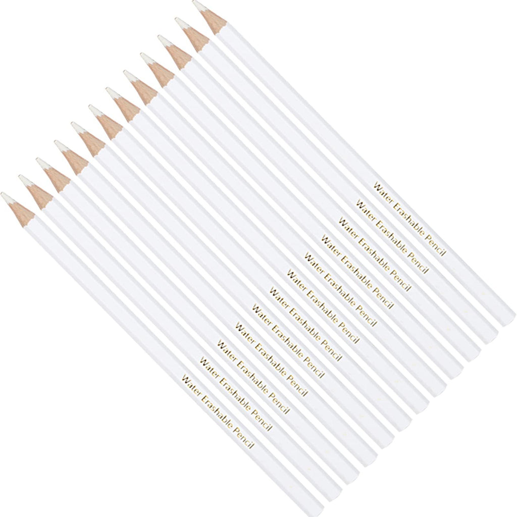 A dozen white water-erasable pencils arranged diagonally on a white background, showing their sharpened tips.