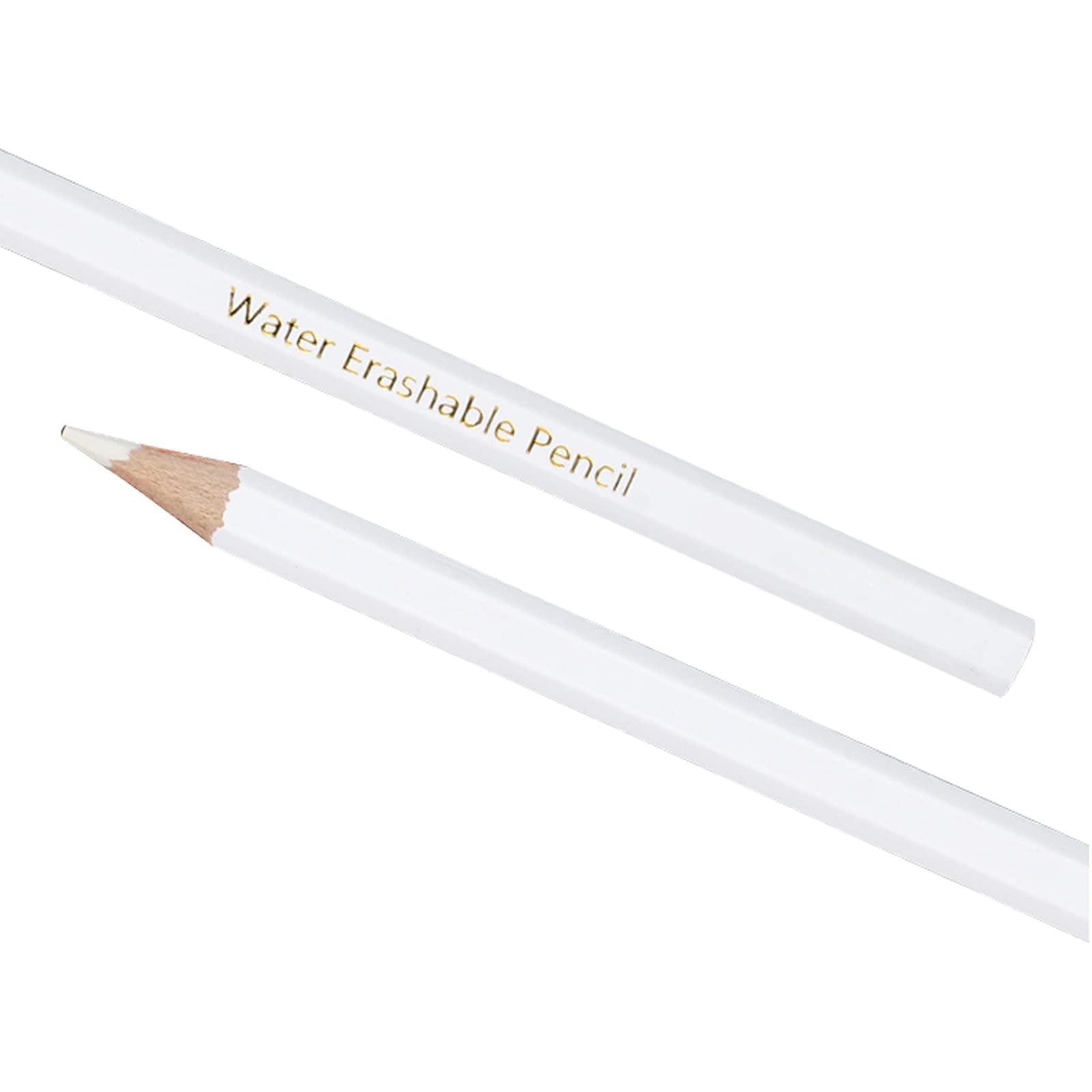 Two white water erasable pencils on a white background, one sharpened.