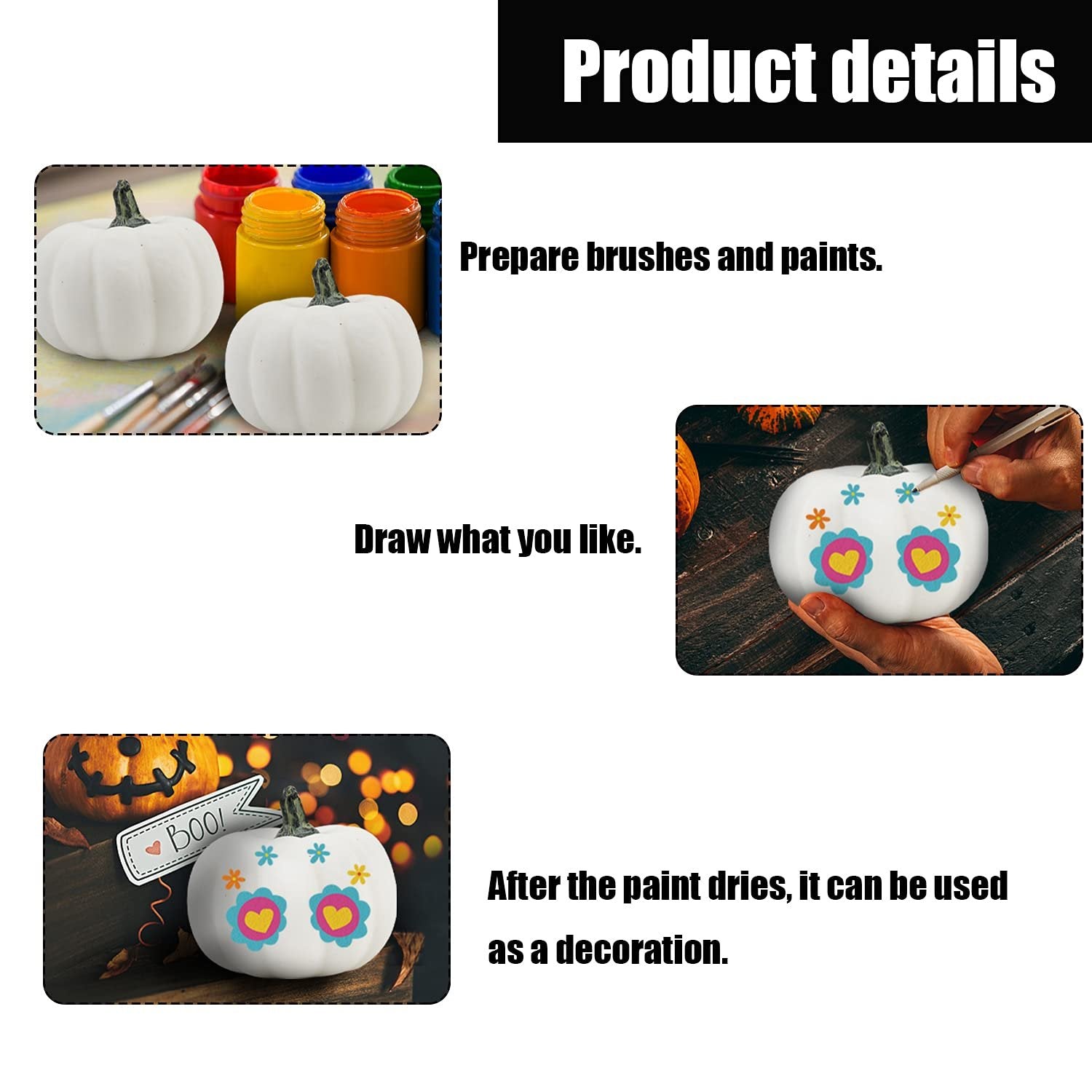 Three white foam pumpkins with paint bottles and brushes, plus instructions on how to decorate them for fall.
