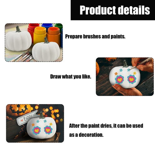 Three white foam pumpkins with paint bottles and brushes, plus instructions on how to decorate them for fall.