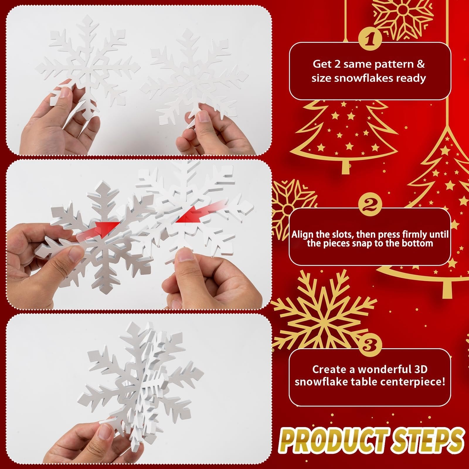 Hands assembling white wooden 3D snowflakes, showing product assembly steps.