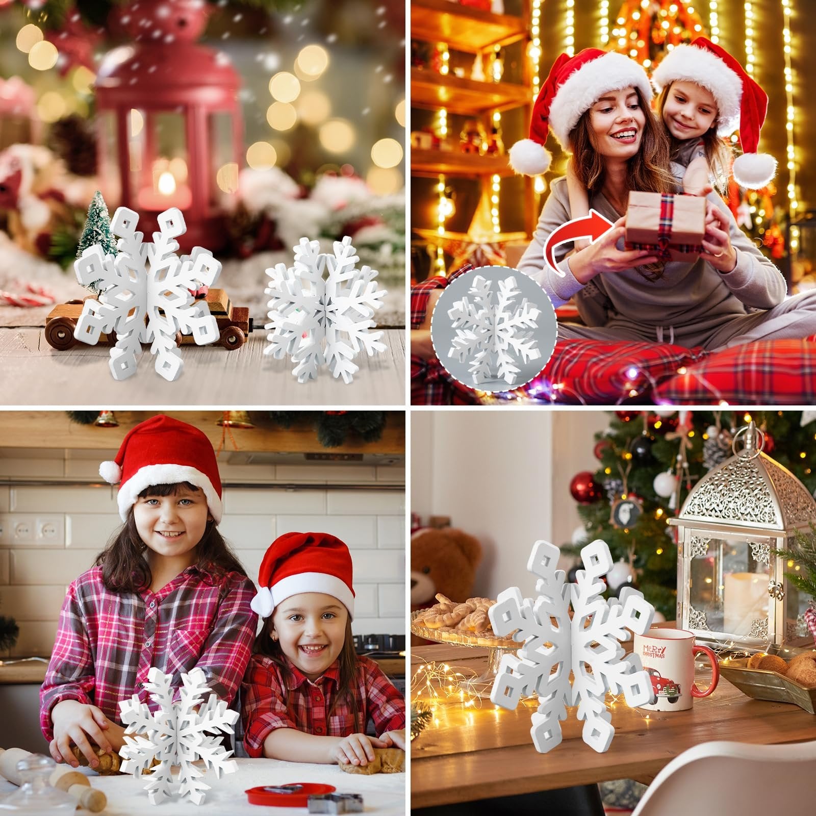 Four festive scenes featuring white wooden 3D snowflake decorations for Christmas.