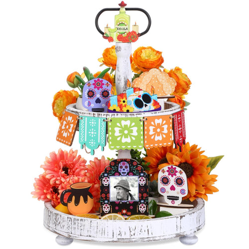 Tiered tray decor set with sugar skulls, banners, flowers, and a photo frame for Dia de los Muertos