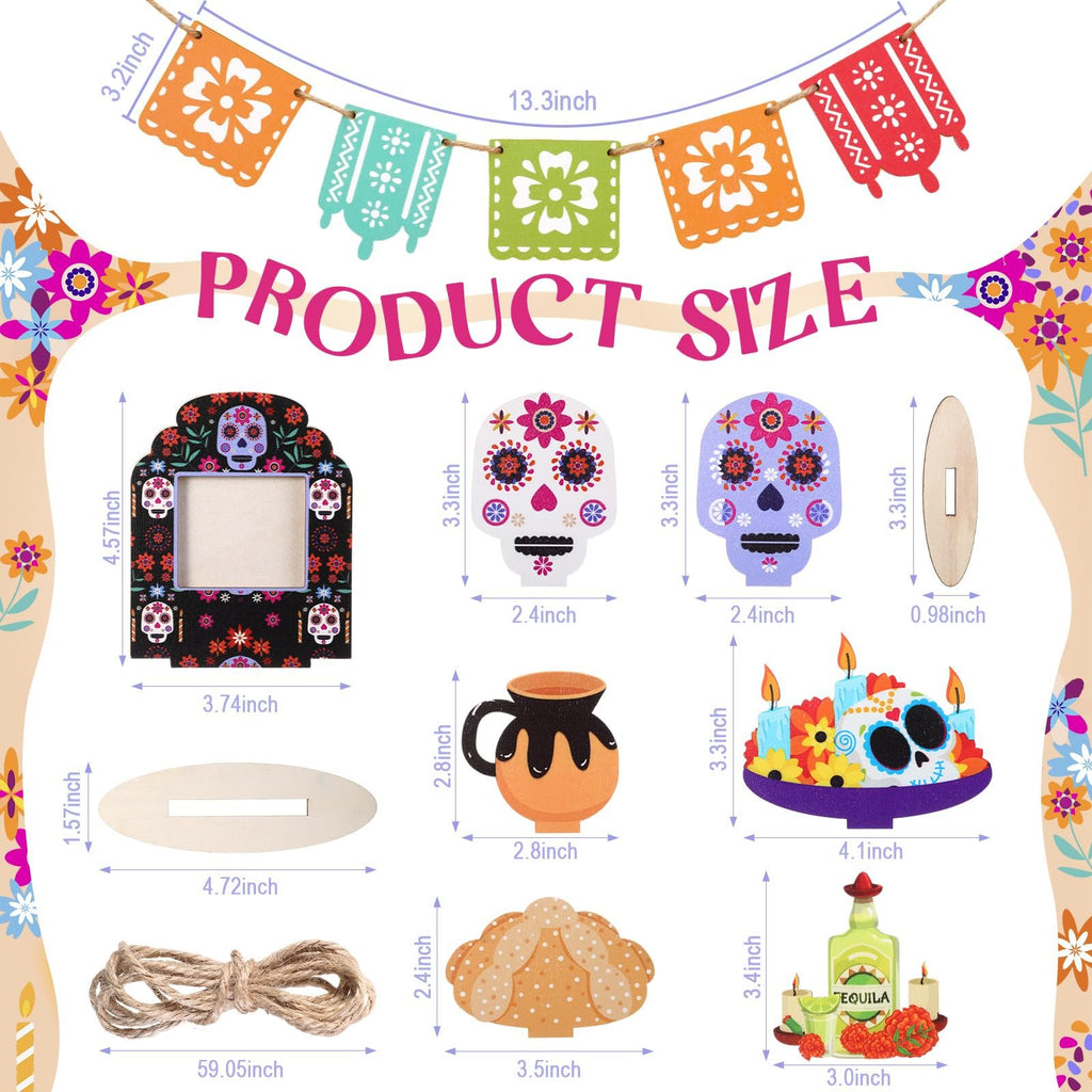 Dia de los Muertos tiered tray decor set with measurements, including a photo frame, sugar skulls, banner, jug, bread, candles, and tequila bottle.