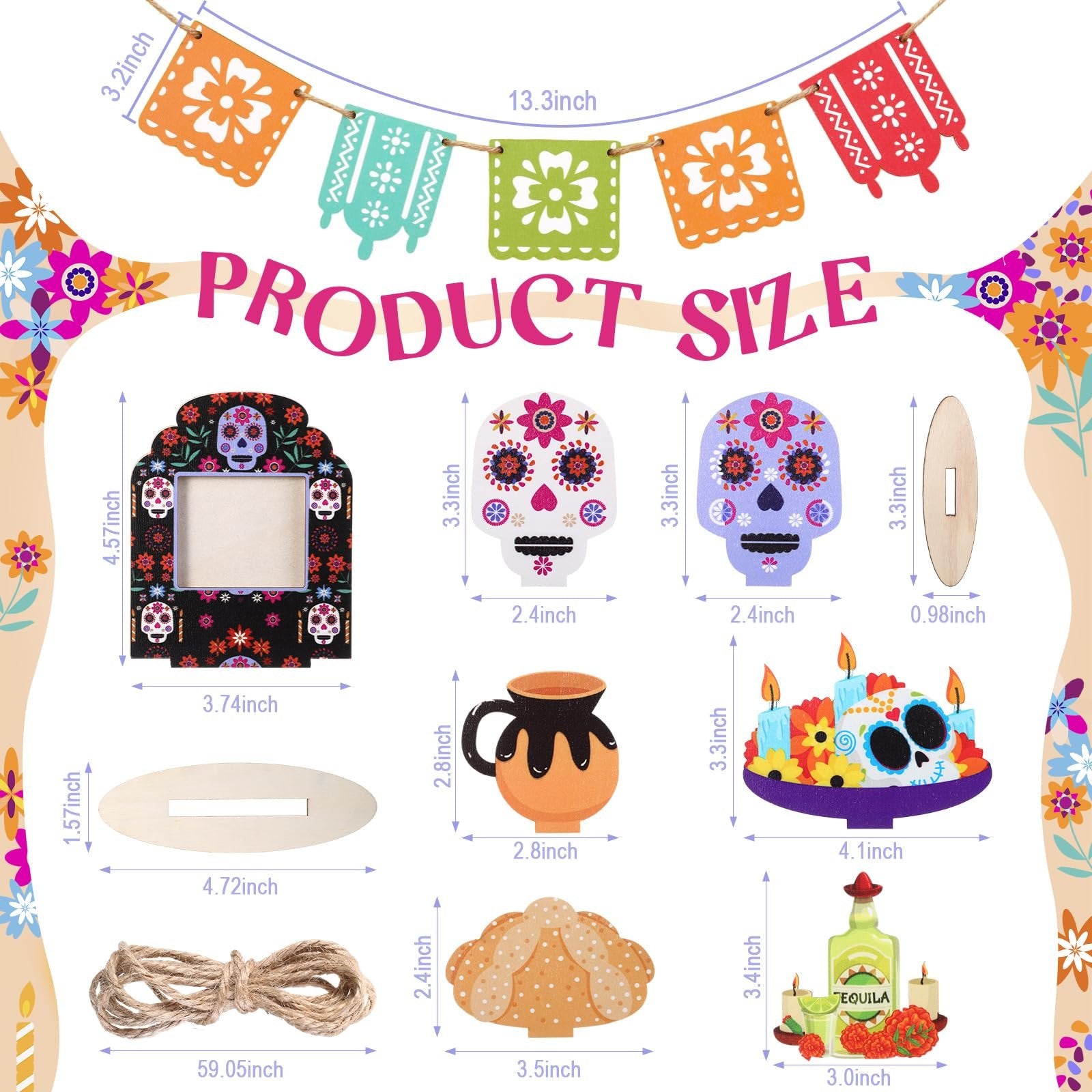 Dia de los Muertos tiered tray decor set with measurements, including a photo frame, sugar skulls, banner, jug, bread, candles, and tequila bottle.